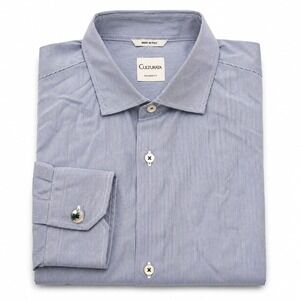 Culturata Button Front Dress Shirt Men's 17.5 XL Blue Pleated Accent Mini Stripe